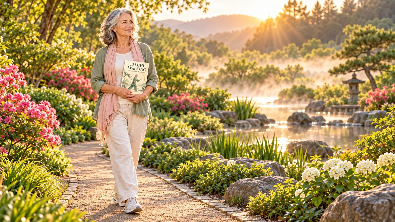 A woman walking a garden path at sunrise with her Tai Chi walking guide